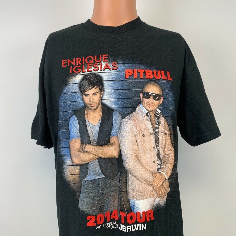 Enrique Iglesia Pitbull J Balvin 2014 Tour Double Sided T Shirt Latin Black L - Picture 1 of 5